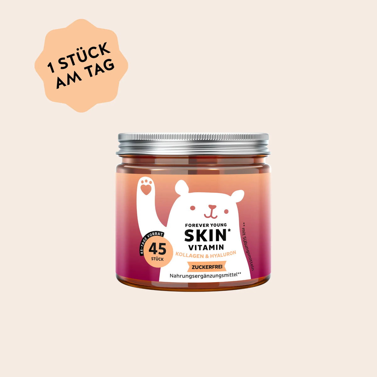 Bears with Benefits Forever Young SKIN Vitamin – Kollagen & Hyaluron Gummibärchen für normale Kollagenbildung und normale Funktion der Haut, 500 mg Kollagenpeptide + 100 mg Hyaluronsäure pro Bärchen, 45 Stück, 45 Tage Vorrat, zuckerfrei