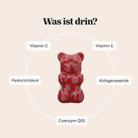 Bears with Benefits Forever Young SKIN Vitamin – Inhaltsstoffe pro Gummibärchen: Kollagenpeptide 500 mg, Hyaluronsäure 100 mg, Coenzym Q10 10 mg, Vitamin C 12 mg, Vitamin E 1,8 mg α-TE, Kollagen & Hyaluron Gummies, zuckerfrei