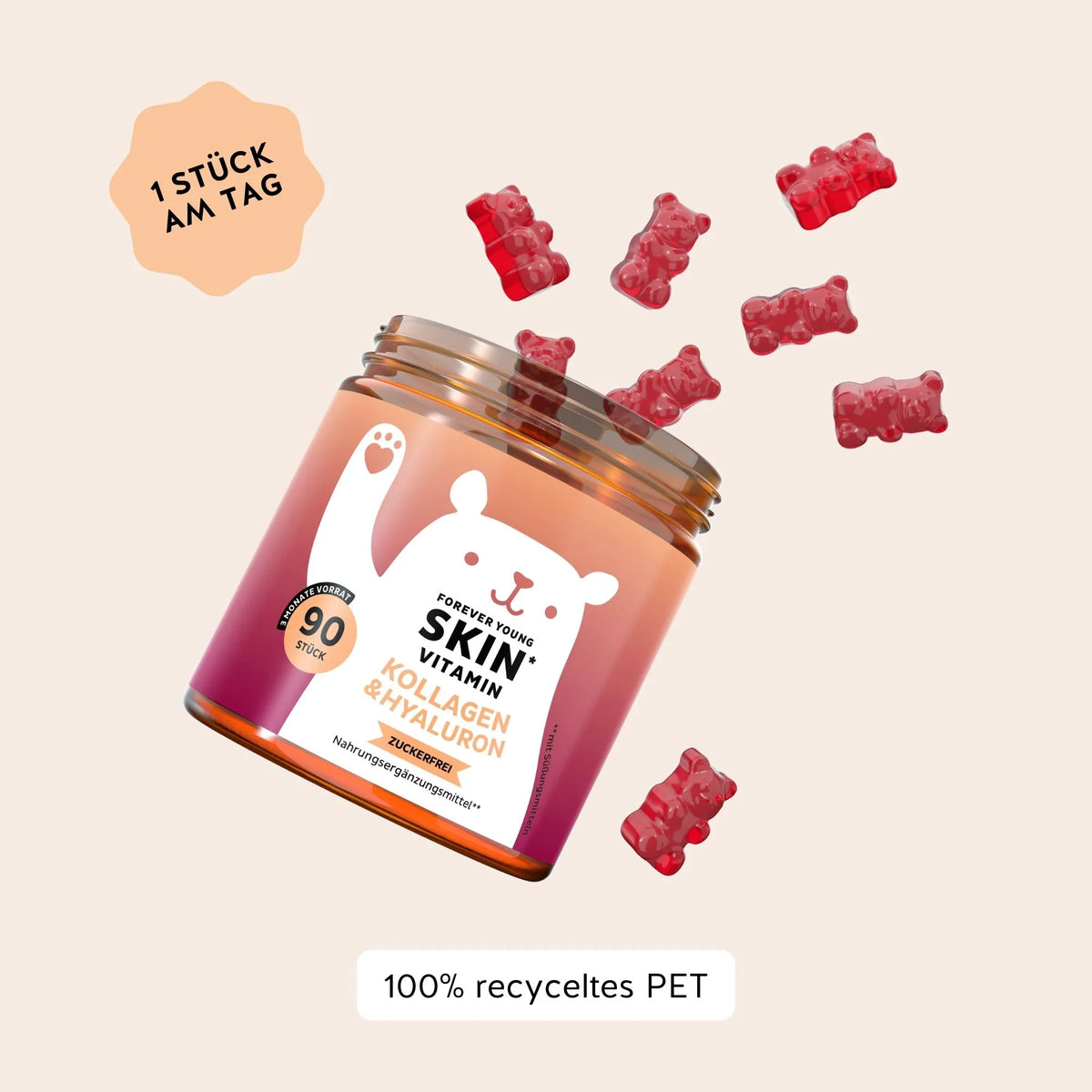 Bears with Benefits Forever Young SKIN Vitamin – Verzehrempfehlung 1 Gummibärchen pro Tag, 45 Stück Vorrat, Verpackung aus 100% recyceltem PET, 500 mg Kollagenpeptide + 100 mg Hyaluronsäure pro Bärchen, zuckerfrei