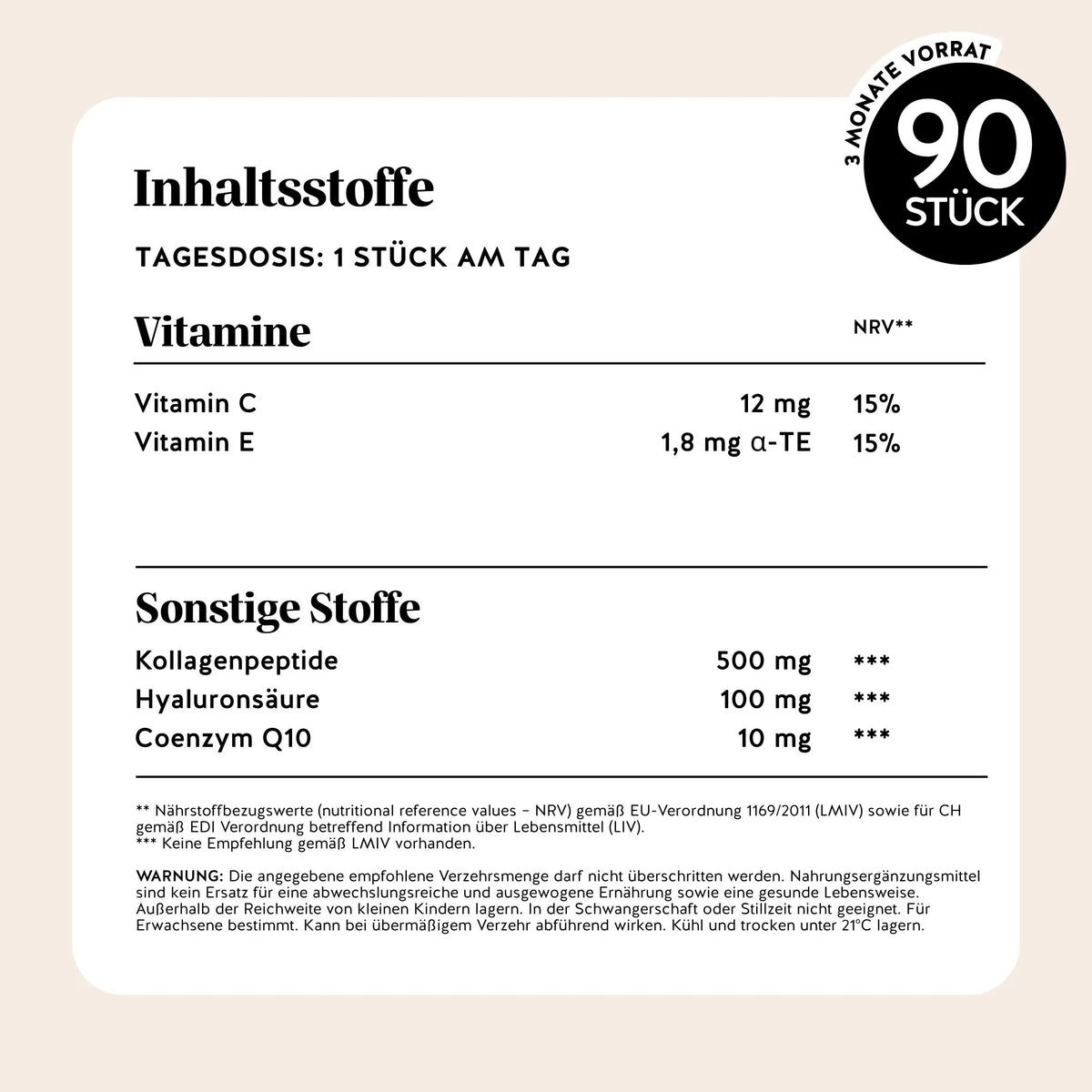 Vollständige Zutatenliste der Forever Young Skin Vitamine von Bears with Benefits in Gummibärchenform mit detaillierten Nährwertangaben.