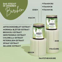  Diese Inhaltsstoffe und Nährstoffe stecken in den Eat your Super Greens Vitamins von Bears with Benefits: Vitamin B12, B1, B6, Niacin, Folsäure, Pantothensäure, Zink, Eisen, Artischokenblatt-Extrakt, Moringa-Blätter-Extrakt, Brokkoli-Extrakt, Gerstengras-Extrakt, Chlorella-Extrakt, Petersilien-Extrakt, Spinat-Extrakt, Sellerie-Extrakt, Inulin.