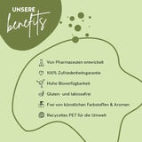 Das Produkt Gerstengras - Eat your super Greens von Bears with Benefits ist mit Pharmazeuten entwickelt worden, hat eine hohe Bioverfügbarkeit und ist gluten- und laktosefrei. Die Verpackung besteht aus recyceltem PET und es gibt eine 100% Zufriedenheitsgarantie.