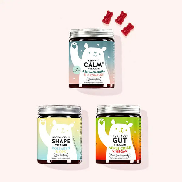 3er Set "Get in Shape Trio" bestehend aus Keepin' It Calm Vitamins mit Ashwagandha und Vitamin B-Komplex, den Trust Your Gut Vitamins mit Apfelessig und den Bootylicious Shape Vitamins mit Kollagen und OPC von Bears with Benefits