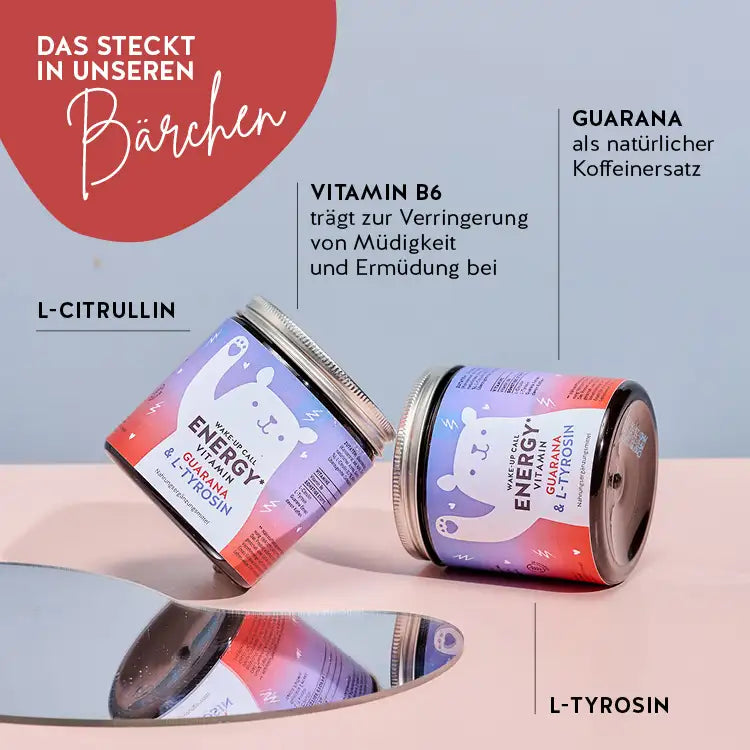 Diese Inhaltsstoffe und Nährstoffe sind in den Wake-Up Call Energy Vitamins von Bears with Benefits enthalten: L-Citrullin, Vitamin B6, Guarana und L-Tyrosin.