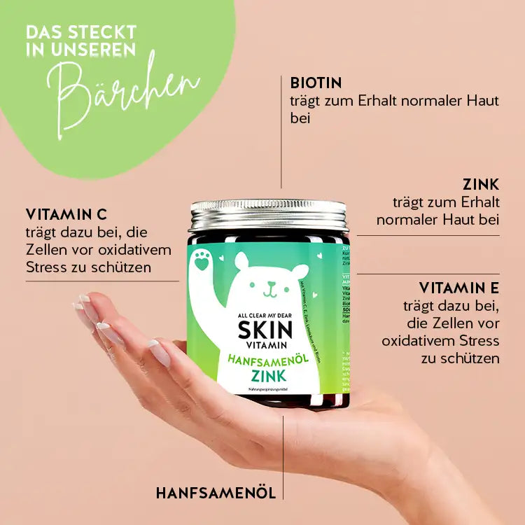 Das steckt in de All Dear my Clear Bärchen mit Hanfsamenöl und Zink von Bears with Benefits. Hanfsamenöl, Zink, Vitamin E, Vitamin C und Biotin