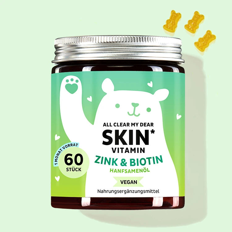 Eine Dose der All Clear My Dear Skin Vitamins mit Hanfsamenöl und Zink für unreine Haut