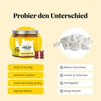 Bears with Benefits Happy Belly Debloat Vitamin Apple Cider Vinegar – Vergleich Apfelessig Gummibärchen vs. Tabletten: lecker & fruchtig, einfaches Snacken, macht den Alltag spaßig und unterstützt tägliche Balance statt bitterer Geschmack, schwer zu schlucken, Pflichtgefühl und lästige Routine, vegane Gummibärchen mit Vitamin B6, Vitamin B12 und Apfelessigpulver