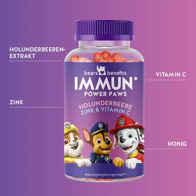 Auf diesem Bild sind die Inhaltsstoffe der Immun Power Paws Bärchen für Kinder mit Holunderbeere dargestellt. Holunderbeeren-Extrakt, Zink, Vitamin C und Honig.