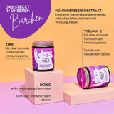 Diese Inhaltsstoffe und Nährstoffe stecken in den It's Beary Cold Vitamins von Bears with Benefits: Vitamin C, Honig, Zink und Holunderbeerenextrakt.