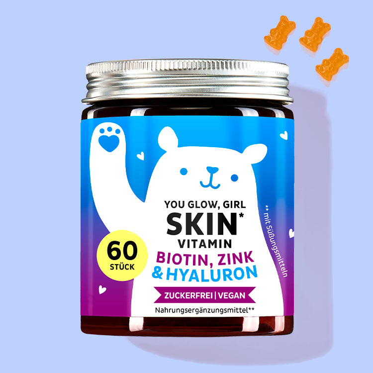 Auf diesem Bild ist eine Dose des Produkts You Glow, Girl Skin mit Biotin, Zink & Hyaluron von Bears with Benefits abgebildet.