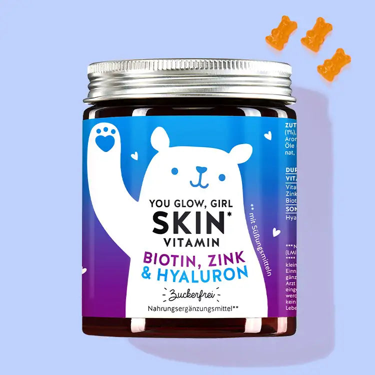 Auf diesem Bild ist eine Dose des Produkts You Glow, Girl Skin mit Biotin, Zink & Hyaluron von Bears with Benefits abgebildet.