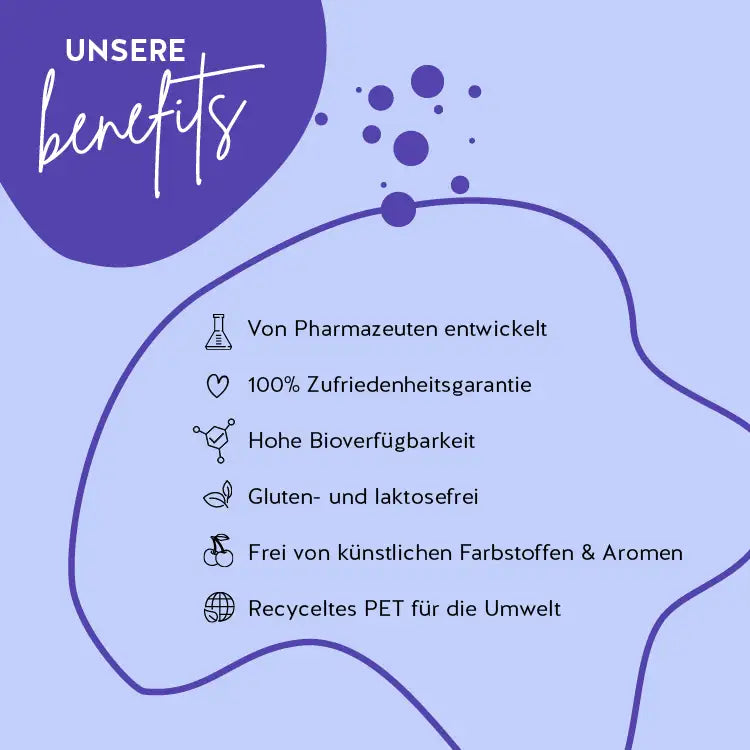 Auf diesem Bild sind die Benefits des Produkts You Glow, Girl Skin von Bears with Benefits dargestellt. Von Pharmazeuten entwickelt, 100% Zufriedenheitsgarantie, Hohe Bioverfügbarkeit, Gluten- und laktosefrei, frei von künstlichen Farbstoffen & Aromen, Recyceltes PET für die Umwelt