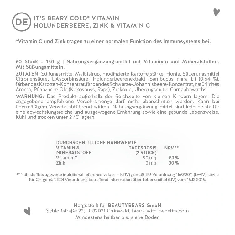 Hier ist das Etikett der It's Beary Cold* Vitamin mit Holunderbeere, Zink und Vitamin C abgebildet. Darauf stehen die Zutatenliste sowie die Nährwertangaben des Produkts.