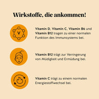 Bears with Benefits One Bear a Day Immune* Vitamin – Wirkstoffe, die ankommen: Vitamin D, Vitamin C, Vitamin B6 und Vitamin B12 tragen zu einer normalen Funktion des Immunsystems bei, Vitamin B12 trägt zur Verringerung von Müdigkeit und Ermüdung bei, Vitamin C trägt zu einem normalen Energiestoffwechsel bei, zuckerfreie vegetarische Immunsystem Gummibärchen