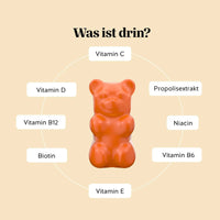Bears with Benefits One Bear a Day Immune* Vitamin – Inhaltsstoffe pro Gummibärchen: Vitamin C, Vitamin D, Propolisextrakt, Niacin, Vitamin B6, Vitamin E, Biotin und Vitamin B12, zuckerfreie vegetarische Formel für das Immunsystem, mit Süßungsmitteln, Nahrungsergänzungsmittel**