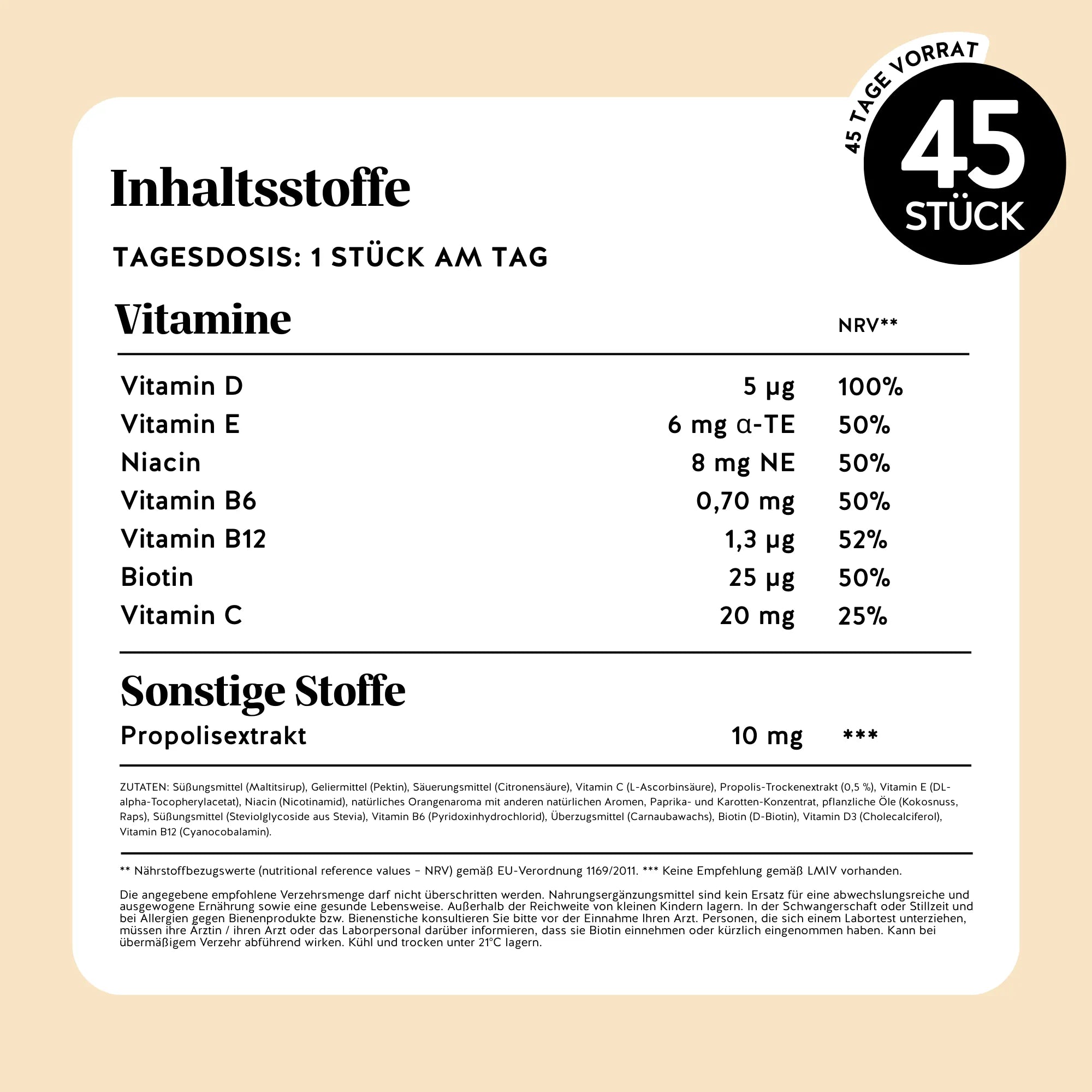 Vollständige Liste der Inhaltsstoffe des Immun Boost vitamin von Bears with Benefits in Gummibärchenform.
