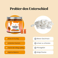 Bears with Benefits One Bear a Day Immune* Vitamin – Vergleich Immunsystem Gummibärchen vs. Tabletten: lecker & fruchtig, einfaches Snacken, macht den Alltag spaßig und unterstützt tägliche Balance statt bitterer Geschmack, schwer zu schlucken, Pflichtgefühl und lästige Routine, zuckerfrei, vegetarisch, mit Vitamin C, D, E, B3, B6, B7, B12 und Propolisextrakt