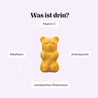 Bears with Benefits Intimate Balance Flora Vitamin – Inhaltsstoffe pro Gummibärchen: Vitamin C, Riboflavin (Vitamin B2), Lactobacillus Rhamnosus 1 Milliarde Zellen, Ananaspulver 50 mg, vegane Probiotika Formel für intimes Wohlbefinden und Darmflora.