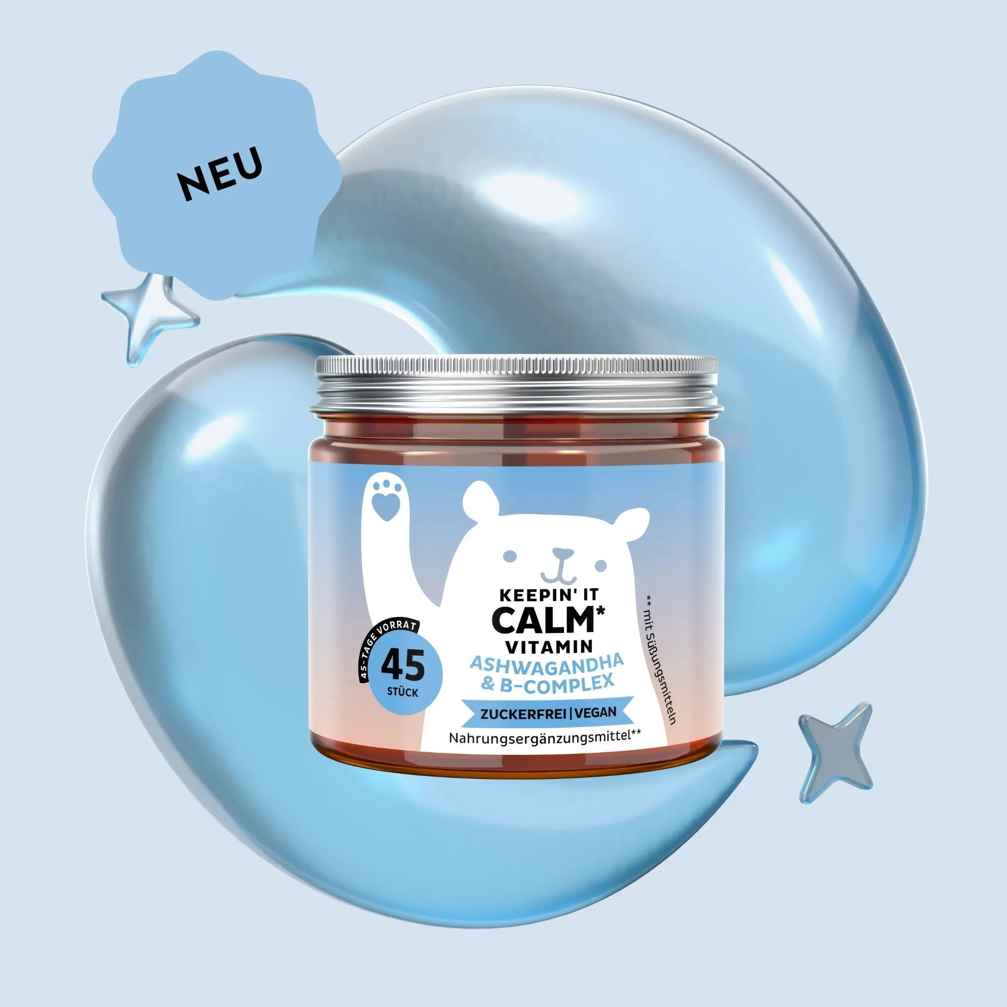 Bild der Dose mit 45 Stück der Keepin’ it Calm Vitamine von Bears with Benefits in Form veganer Gummibärchen, entwickelt zur Unterstützung von Ruhe, Konzentration und mentalem Gleichgewicht.