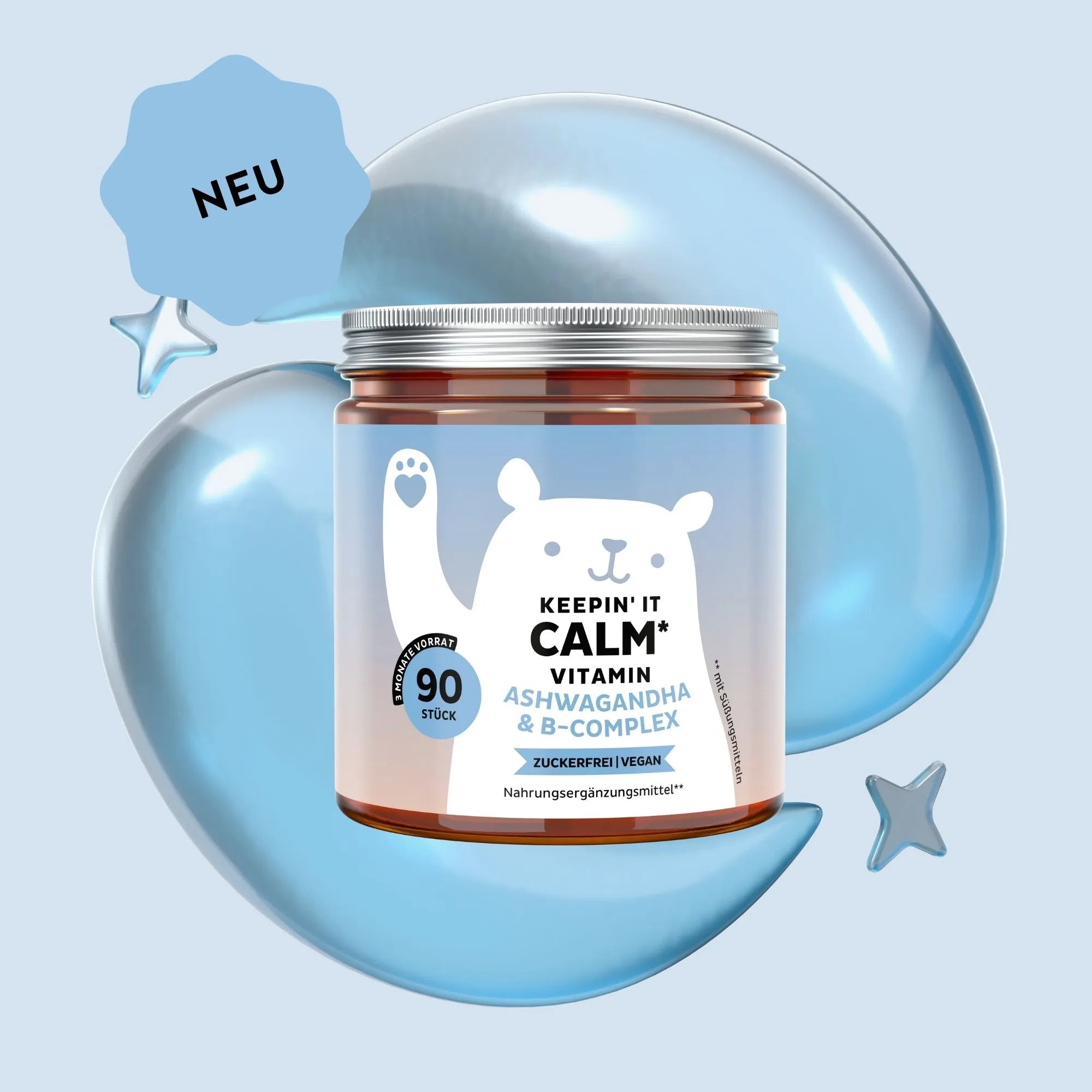 Bild der Dose mit 90 Stück der Keepin’ it Calm Vitamine von Bears with Benefits in Form veganer Gummibärchen, entwickelt zur Unterstützung von Ruhe, Konzentration und mentalem Gleichgewicht.
