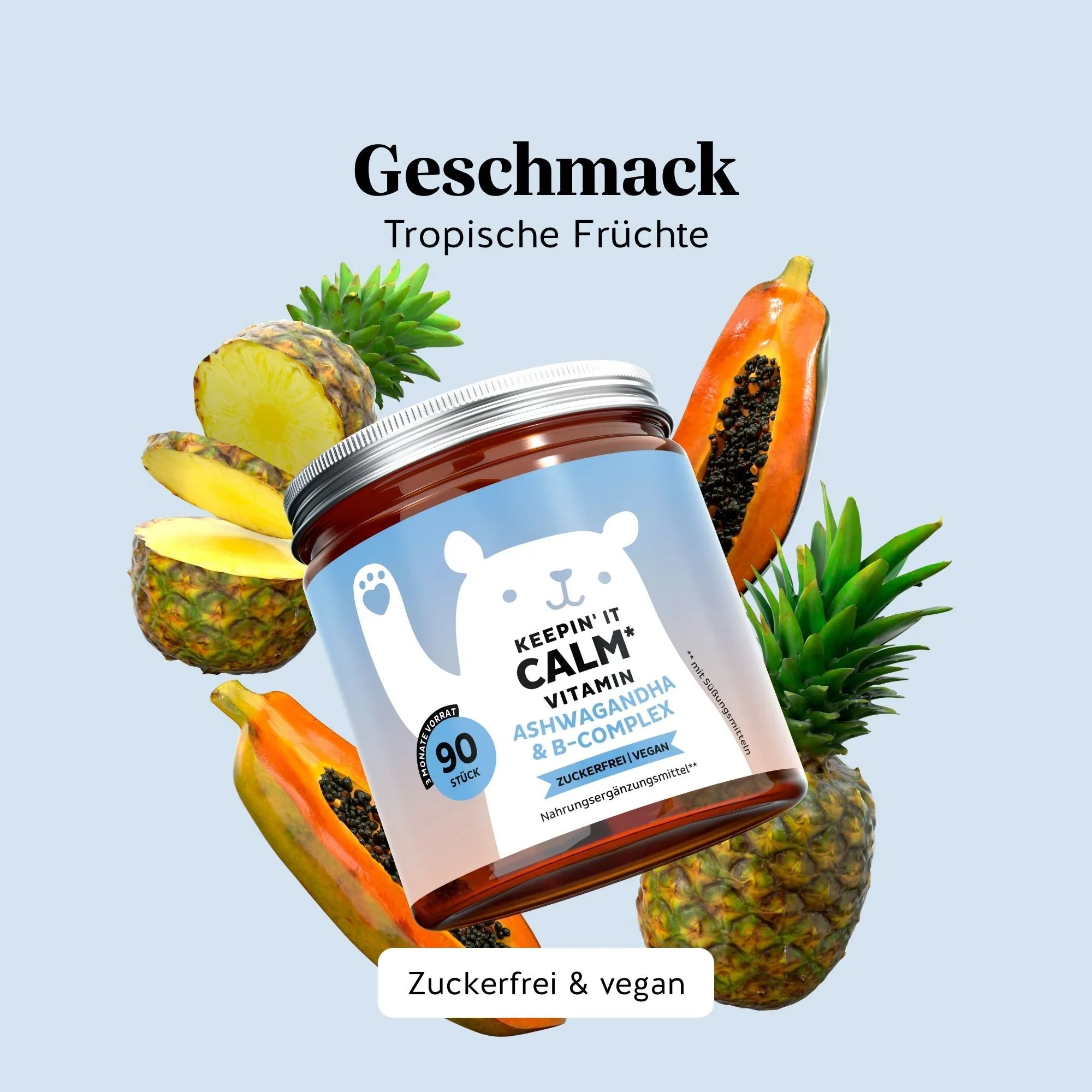 Bears with Benefits Keepin’ it Calm Vitamin – Vegane Ashwagandha & B-Complex Gummibärchen mit Geschmack Tropische Früchte, Withanolide 4,25 mg und L-Theanin 10 mg pro Bärchen, 90 Stück, zuckerfrei & vegan