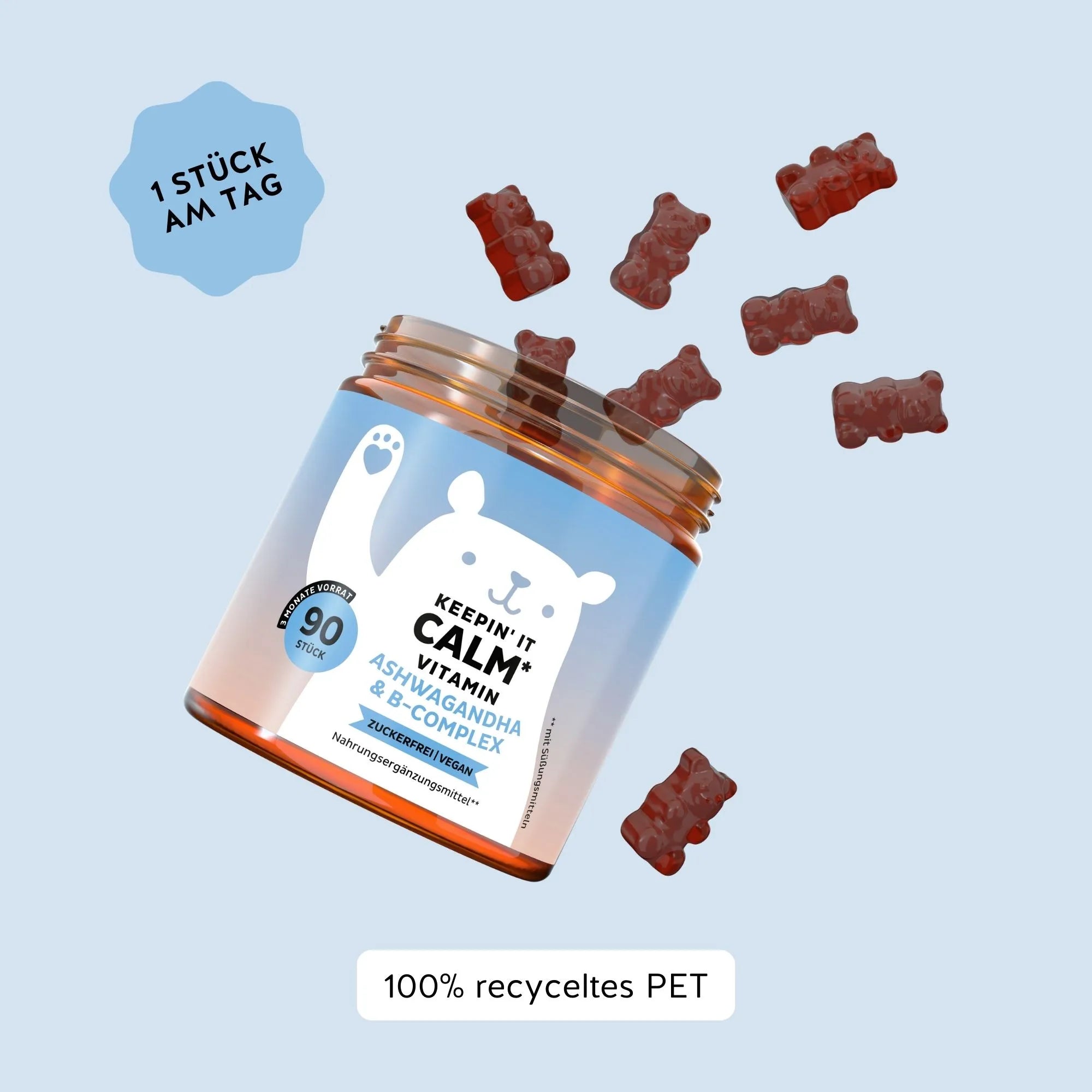 Bears with Benefits Keepin’ it Calm Vitamin – Verzehrempfehlung 1 Ashwagandha Gummibärchen pro Tag, mit Withanoliden 4,25 mg und L-Theanin 10 mg pro Stück, 90 Stück Vorrat, Verpackung aus 100% recyceltem PET, zuckerfrei & vegan