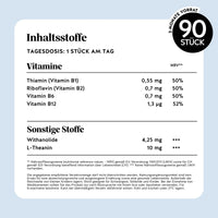 Bears with Benefits Keepin’ it Calm Vitamin – Nährwerttabelle pro Tagesdosis (1 Stück): Vitamin B1 0,55 mg, Vitamin B2 0,7 mg, Vitamin B6 0,7 mg, Vitamin B12 1,3 µg, Withanolide 4,25 mg, L-Theanin 10 mg, 90 Stück Packung, zuckerfrei & vegan