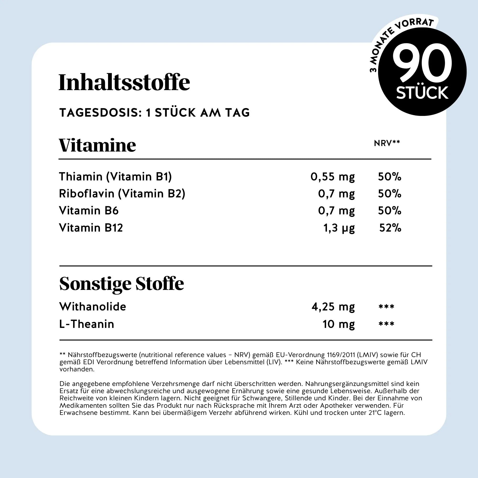 Bears with Benefits Keepin’ it Calm Vitamin – Nährwerttabelle pro Tagesdosis (1 Stück): Vitamin B1 0,55 mg, Vitamin B2 0,7 mg, Vitamin B6 0,7 mg, Vitamin B12 1,3 µg, Withanolide 4,25 mg, L-Theanin 10 mg, 90 Stück Packung, zuckerfrei & vegan