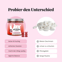 Bears with Benefits YOU NAILED IT Nail & Hair* Vitamin Keratin – Vergleich Gummibärchen vs. Tabletten „Probier den Unterschied“: „lecker & fruchtig“, „einfaches Snacken“, „macht den Alltag spaßig“, „tägliche Balance“ statt „Bitterer Geschmack“, „schwer zu schlucken“, „Pflichtgefühl“, „lästige Routine“.