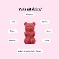 Bears with Benefits YOU NAILED IT Nail & Hair* Vitamin Keratin – Inhaltsstoffe rund ums Gummibärchen: Vitamin C, Vitamin E, Biotin, Zink, Selen, Kupfer und „Acker-Schachtelhalm-Extrakt“.