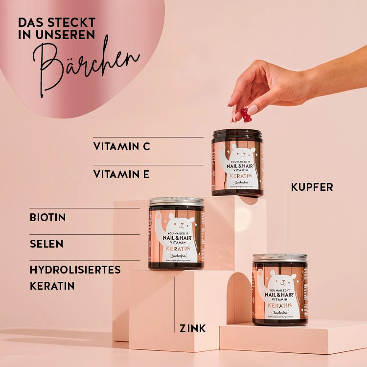 Diese Abbildung zeigt die Inhaltsstoffe des Produkts You Nailed it Nail & Hair with Keratin von Bears with Benefits: Vitamin C, Vitamin E, Biotin, Selen, hydrolysiertes Keratin, Zink und Kupfer.