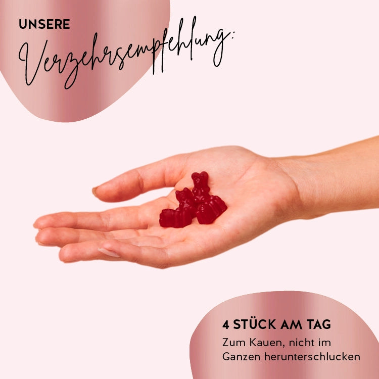 Dieses Bild zeigt die empfohlene Verzehrmenge für You Nailed it Nail & Hair mit Keratin: 4 Bären pro Tag - kauen, nicht ganz schlucken.