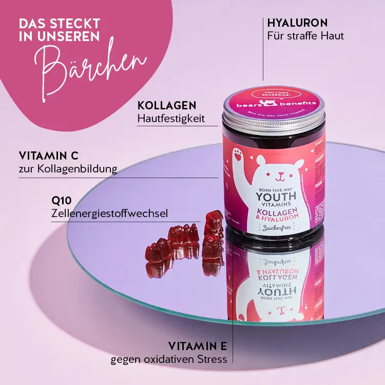 Diese Inhaltsstoffe und Nährstoffe stecken in den Born this way Youth Vitamins von Bears with Benefits: Vitamin C, Kollagen, Hyaluron, Vitamin E und Q10.