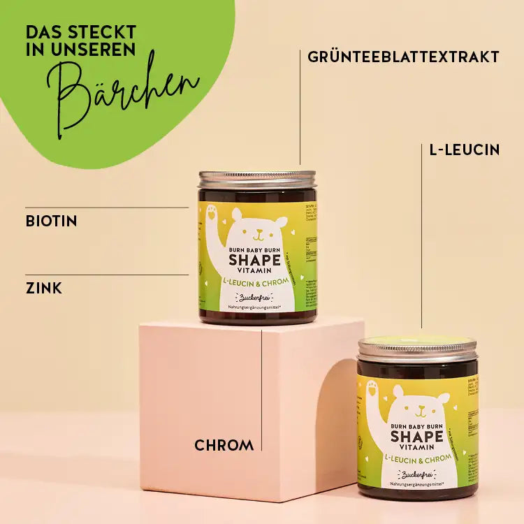 Diese Inhaltsstoffe und Nährstoffe stecken in den Burn Baby Burn Shape Vitamins von Bears with Benefits: Biotin, Zink, Chrom, L-Leucin und Grünteeblattextrakt.