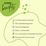 Die Produkte von Bears with Benefits sind mit Pharmazeuten entwickelt worden, haben eine hohe Bioverfügbarkeit und sind gluten- und laktosefrei. Die Verpackung besteht aus recyceltem PET und es gibt eine 100% Zufriedenheitsgarantie