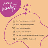 Die Produkte von Bears with Benefits sind mit Pharmazeuten entwickelt worden, haben eine hohe Bioverfügbarkeit und sind gluten- und laktosefrei. Die Verpackung besteht aus recyceltem PET und es gibt eine 100% Zufriedenheitsgarantie