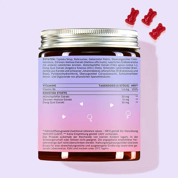 Rückseite mit Inhaltsstoffen der "Femtastic PMS" Bärchen mit Mönchspfeffer und Vitamin B6 von Bears with Benefits
