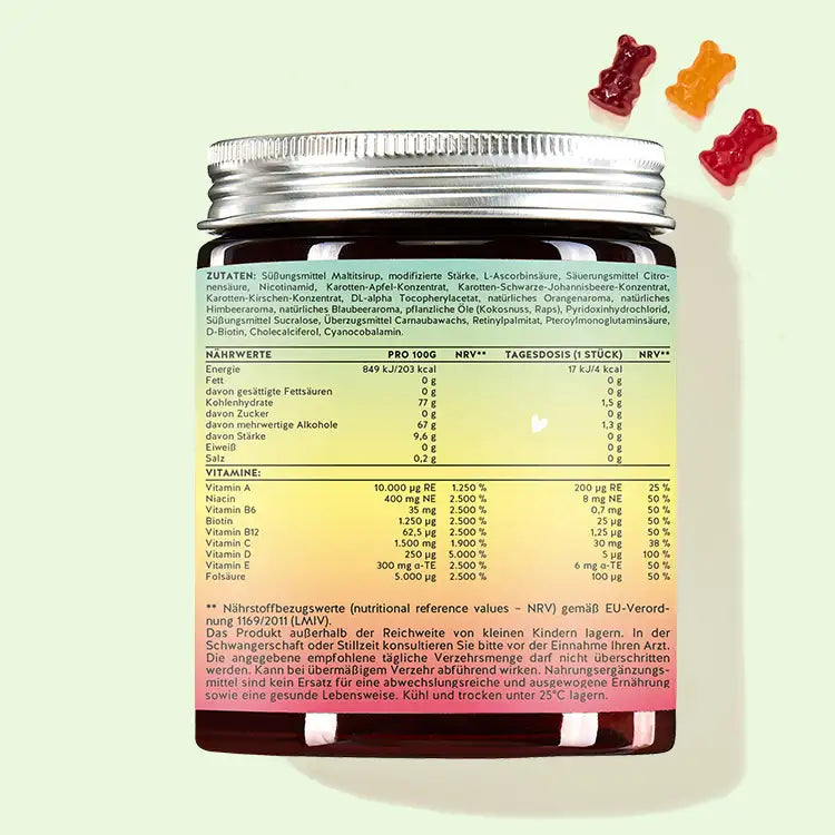 Hier ist die Rückseite der Verpackung der Immun Support Bärchen mit Vitamin C abgebildet. Darauf stehen die Nährwertangaben sowie die Zutatenliste des Produkts.