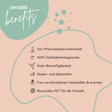 Die Produkte von Bears with Benefits sind mit Pharmazeuten entwickelt worden, haben eine hohe Bioverfügbarkeit und sind gluten- und laktosefrei. Die Verpackung besteht aus recyceltem PET und es gibt eine 100% Zufriedenheitsgarantie