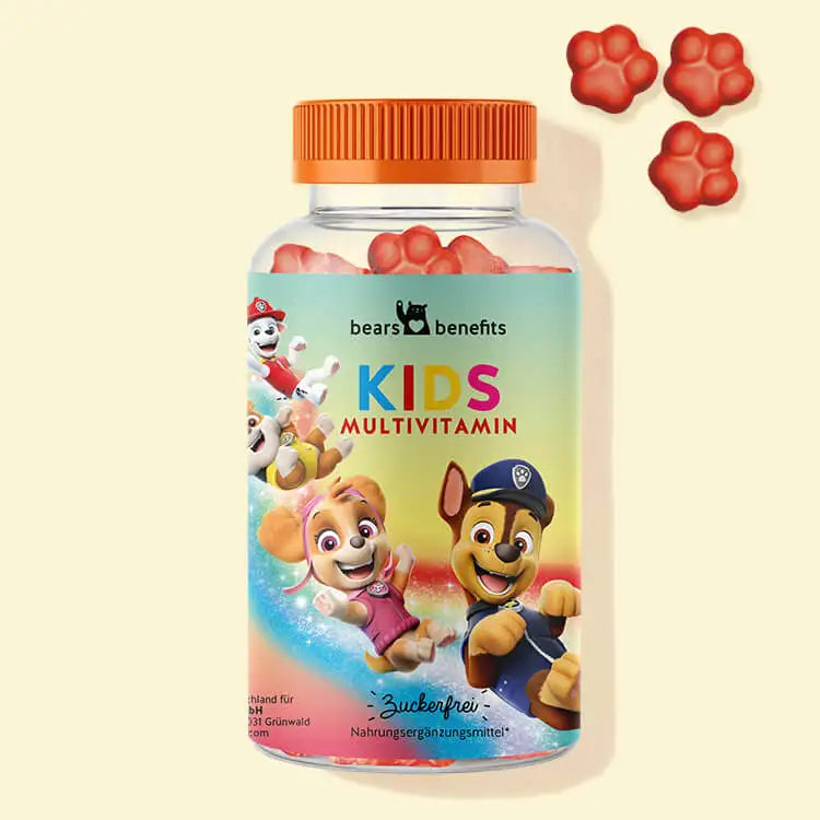 Auf diesem Bild ist eine Dose des Produkts Power Paws mit Multivitamin-Komplex für Kinder von Bears with Benefits abgebildet.