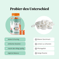 Bears with Benefits ALL-IN-ONE Kids Vitamin Multivitamin – Vergleich Kinder-Vitamin-Gummibärchen vs. Tabletten: lecker & einfach zu nehmen statt bitter, vegane zuckerfreie Alternative für die tägliche Vitaminversorgung.