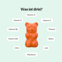 Bears with Benefits ALL-IN-ONE Kids Vitamin Multivitamin – Inhaltsstoffe pro Tagesdosis (1 Gummibärchen): Vitamin D 10 µg, Vitamin C 12 mg, Vitamin E 3 mg, Vitamin B6 0,35 mg, Vitamin B12 1 µg, Biotin 12 µg, Jod 22,5 µg, Zink 1,5 mg