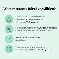 Bears with Benefits ALL-IN-ONE Kids Vitamin Multivitamin – Nährwerttabelle & Inhaltsstoffe pro Tagesdosis (1 Stück): Vitamin D 10 µg, Vitamin C 12 mg, Vitamin E 3 mg, Vitamin B6 0,35 mg, Biotin 12 µg, Vitamin B12 1 µg, Jod 22,5 µg, Zink 1,5 mg; geeignet ab 4 Jahren.