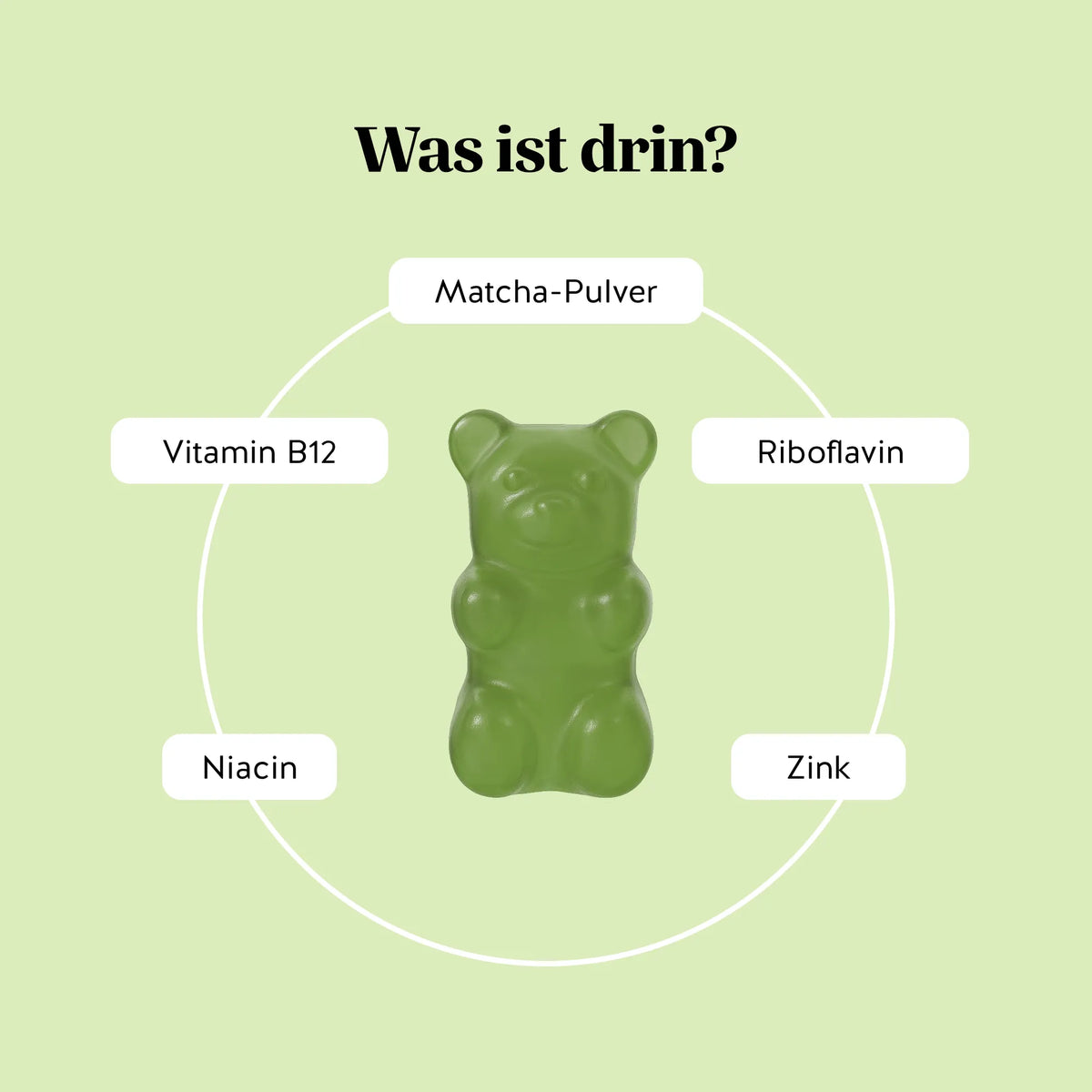 Bears with Benefits My Metabolic Matcha – mit Vitamin B12, Riboflavin, Niacin, Zink und 80 mg Matcha-Pulver aus grünem Tee.
