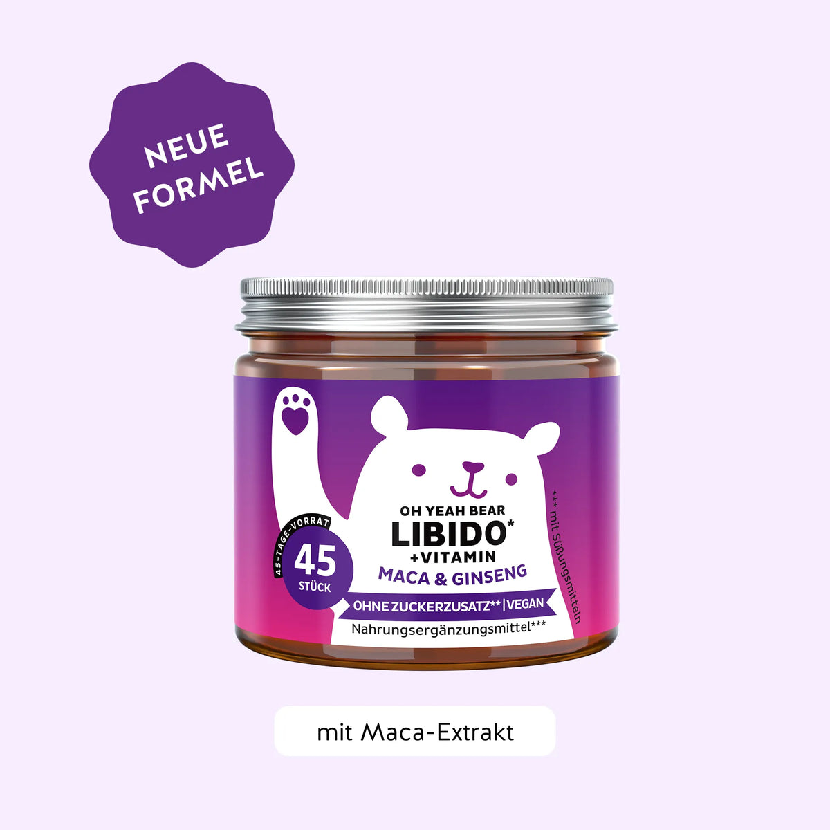 Bears with Benefits Oh Yeah Bear Libido – Vegane Gummibärchen mit Zink für eine normale Fruchtbarkeit, neue Formel mit Ginseng-Extrakt, 45 Bärchen mit Orange-Pfirsich-Geschmack.