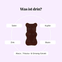 Bears with Benefits Oh Yeah Bear Libido – Was ist drin: Zink, Selen, Kupfer, Biotin sowie Maca-, Tribulus- & Ginseng-Extrakt in einem veganen Gummibärchen.