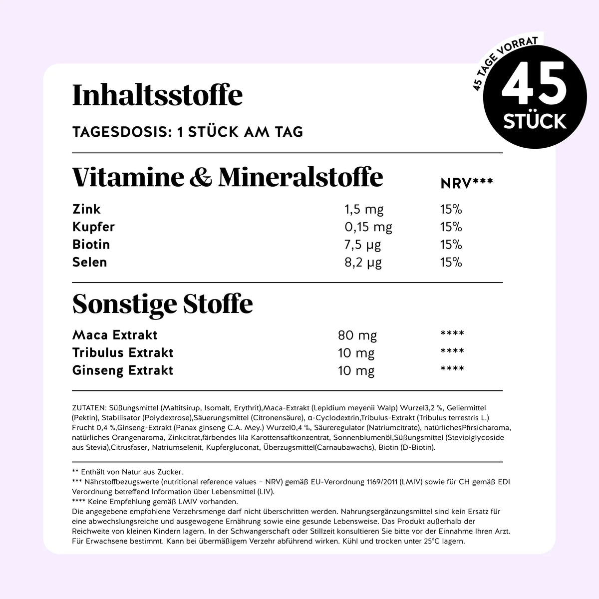 Bears with Benefits Oh Yeah Bear Libido – Zutaten und Nährwerte: Zink, Kupfer, Biotin, Selen sowie 80 mg Maca-, 10 mg Tribulus- und 10 mg Ginseng-Extrakt pro Bärchen, 45 Bärchen.