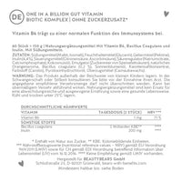 Hier ist das Etikett der One In A Billion Gut Vitamin Bärchen mit Biotic Komplex abgebildet. Darauf stehen die Zutatenliste sowie die Nährwertangaben des Produkts.