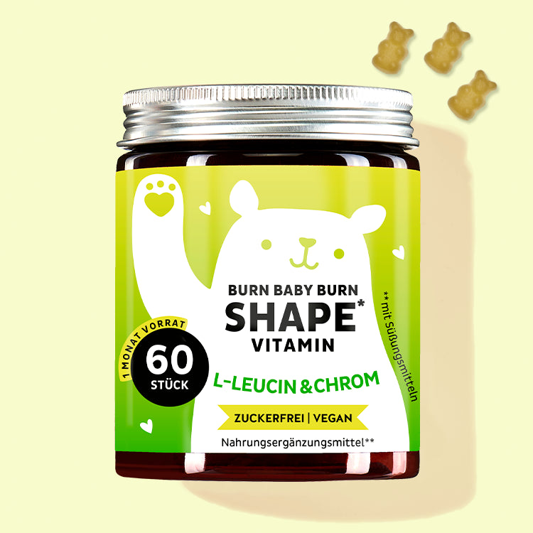 Eine Dose Burn Baby Burn Shape mit Chrom, L-Leucin und Grünteeblattextrakt von Bears with Benefits für den Fettstoffwechsel.