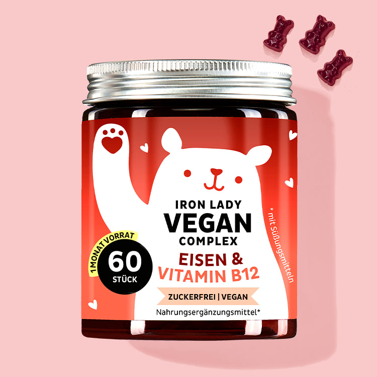 Auf dem Bild ist eine Dose des Iron Lady Vegan Complex mit Eisen und Vitamin B12 abgebildet.